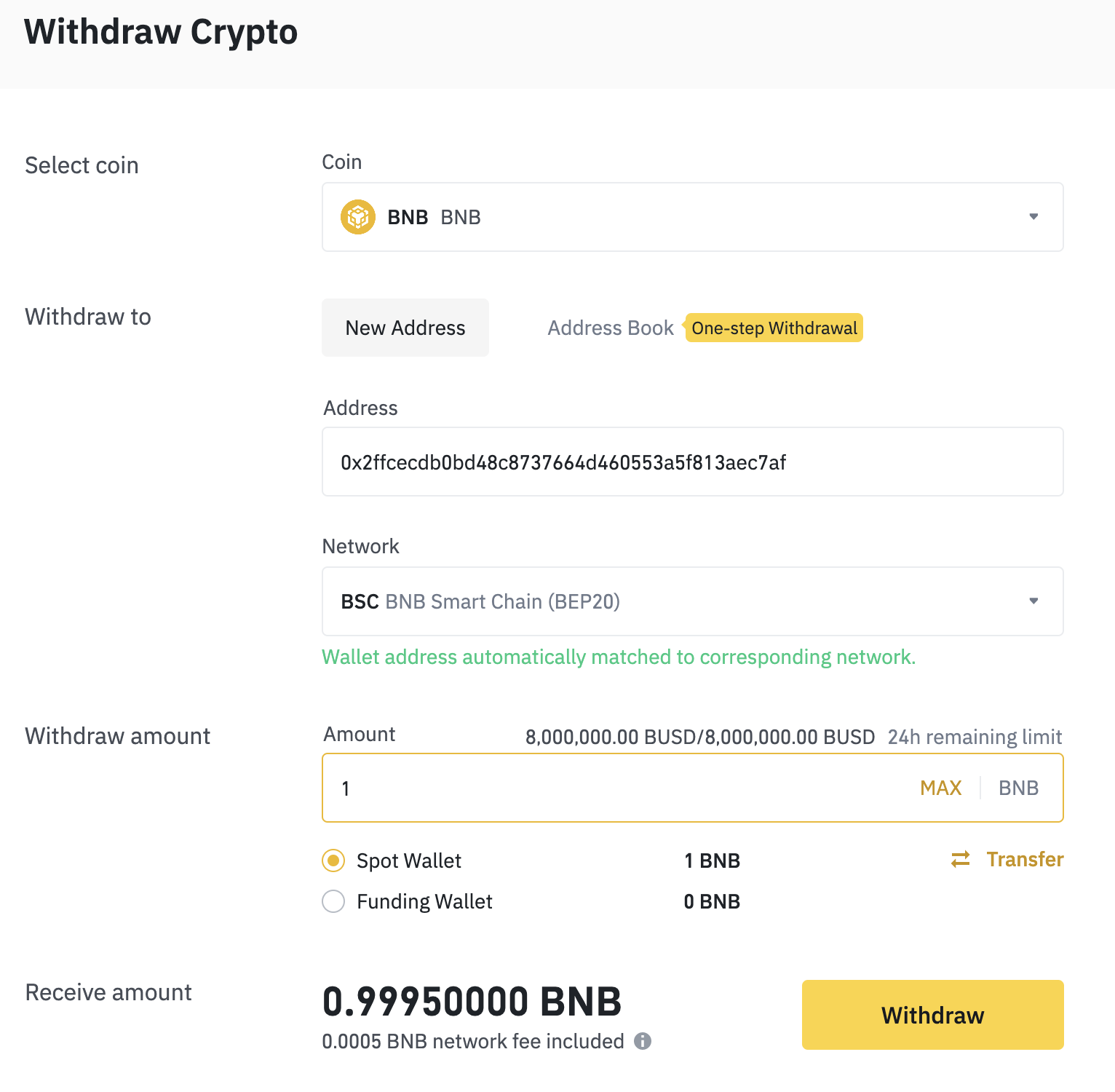 how to yield farm BNB in 2022, step 2: BNB Withdrawal