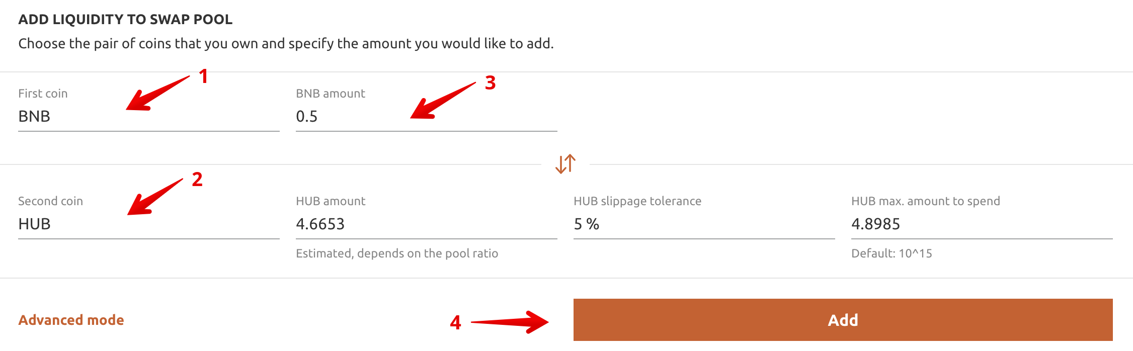 how to yield-farm BNB 2022, step 3: add liquidity BNB-HUB